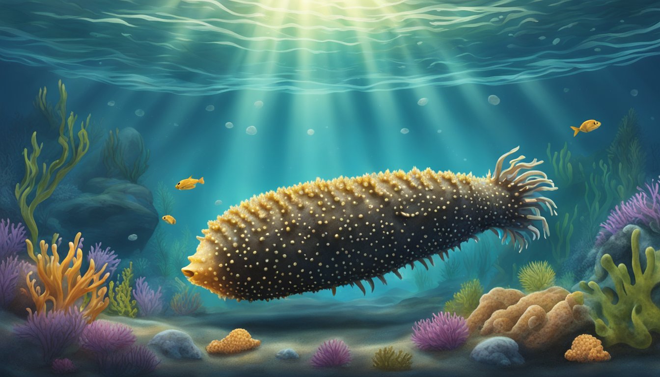 A sea cucumber is being consumed by a predator, such as a fish or crab, in its natural underwater habitat