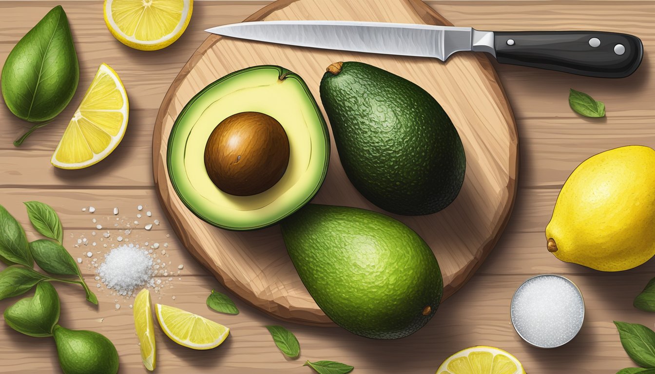 A ripe avocado sits on a wooden cutting board surrounded by a knife, lemon wedge, and salt shaker