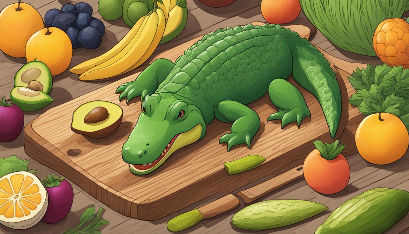 An alligator pear sits on a wooden cutting board surrounded by a variety of colorful fruits and vegetables. A knife is poised to slice into the ripe avocado, ready to be enjoyed