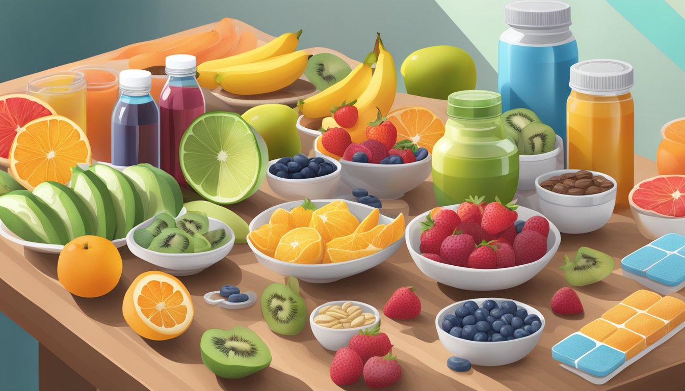 A table spread with colorful fruits, energy bars, and water bottles, surrounded by containers of vitamins and supplements