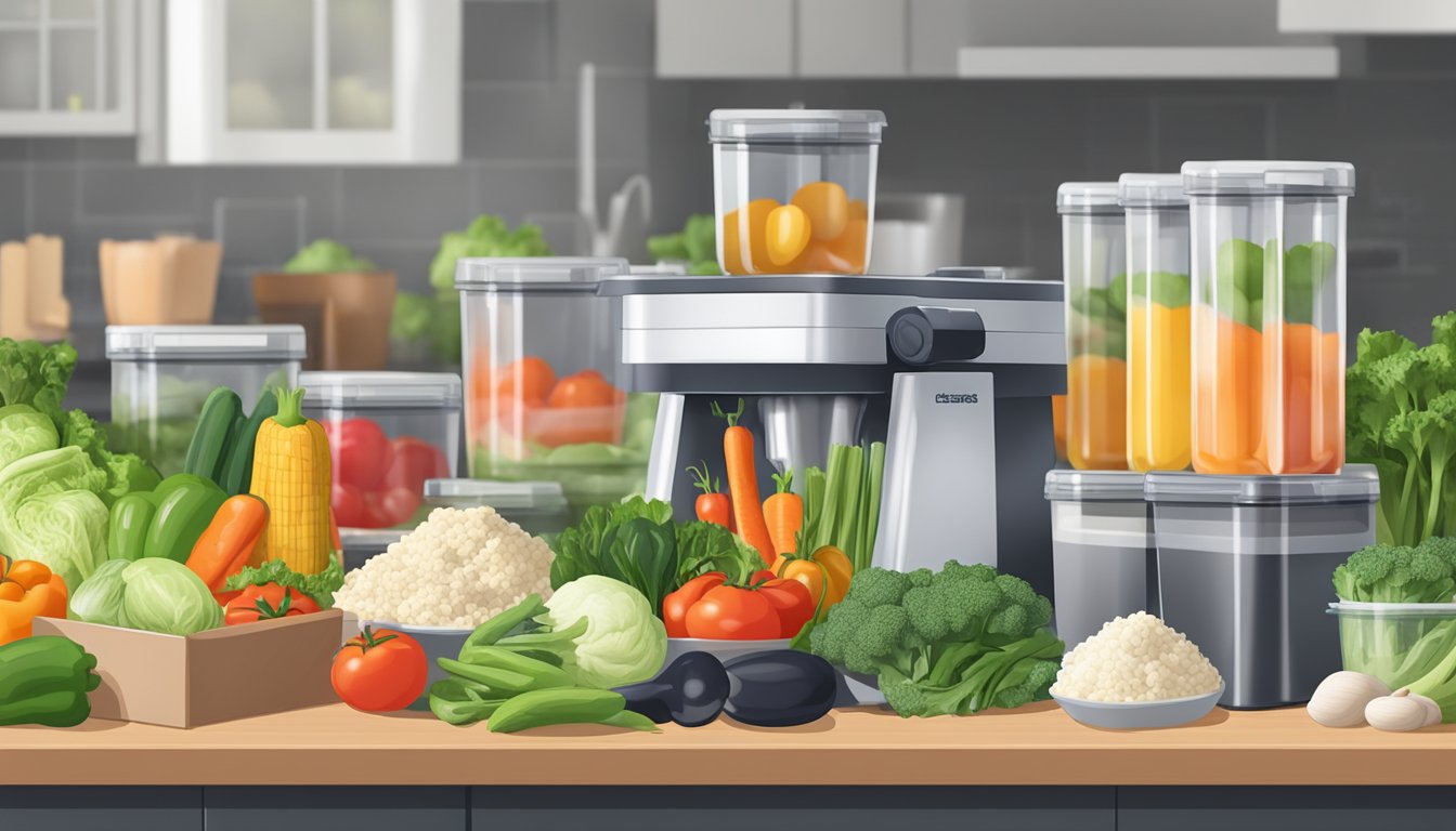 Fresh vegetables being processed through a food mill, with containers of prepped ingredients and a stack of meal prep containers in the background