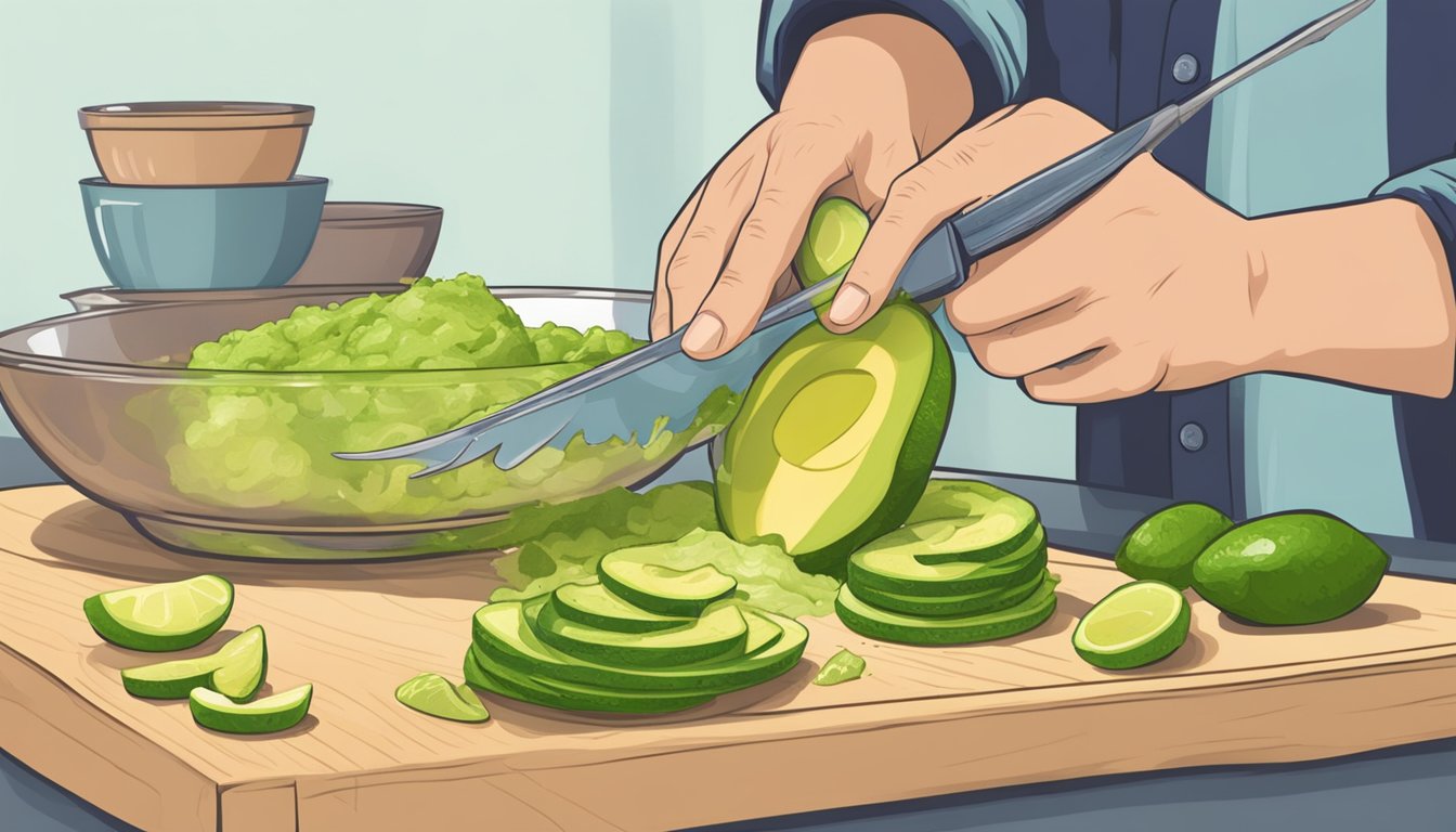 A person slicing, scooping, and mashing an alligator pear for guacamole