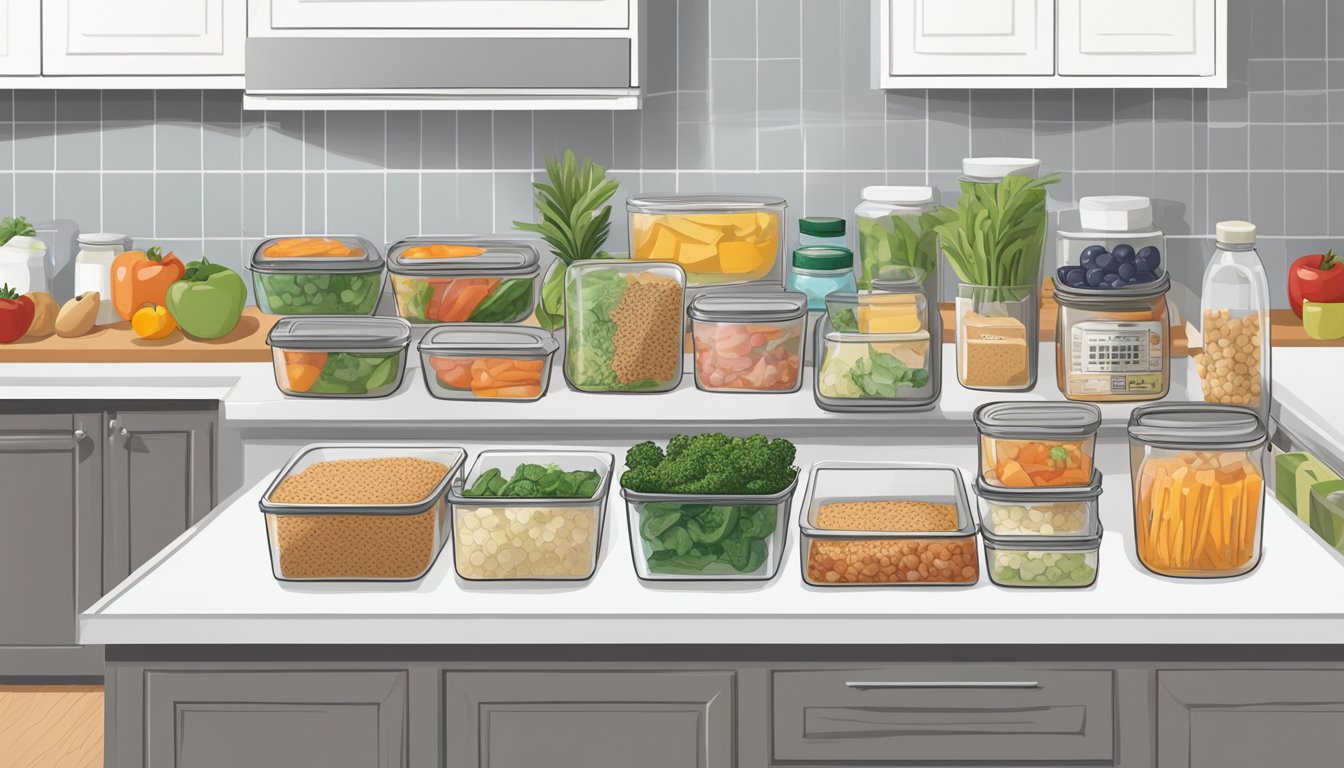 A kitchen counter with neatly arranged containers of prepped meals, a weekly meal plan calendar, and a grocery list with healthy, energy-boosting foods