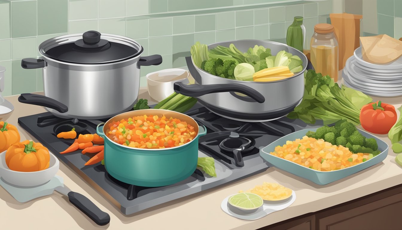 A kitchen counter with various containers of prepped food, a cutting board with chopped vegetables, and a pot simmering on the stove