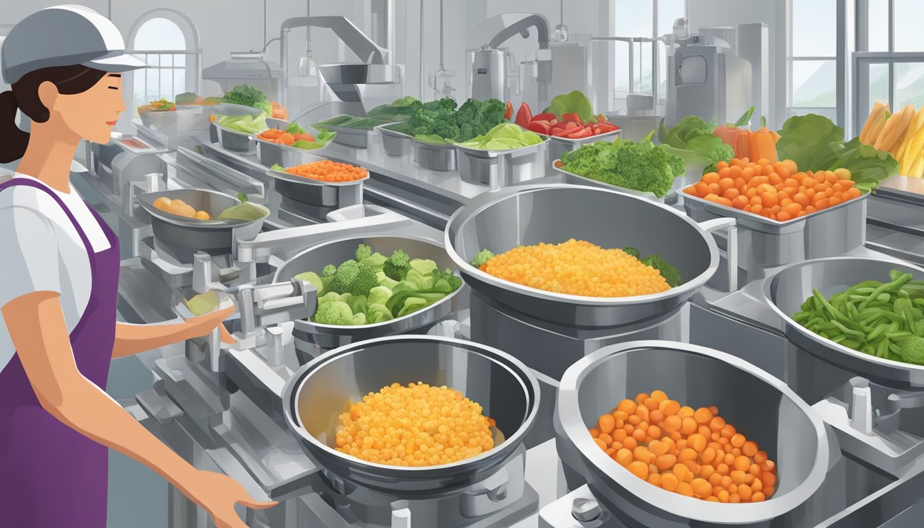 Fresh vegetables being processed through a food mill, while containers are filled with prepped meals in the background