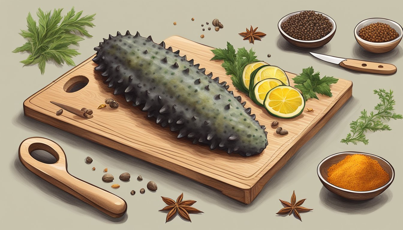 A sea cucumber being prepared for consumption, with a knife and cutting board, surrounded by various spices and ingredients