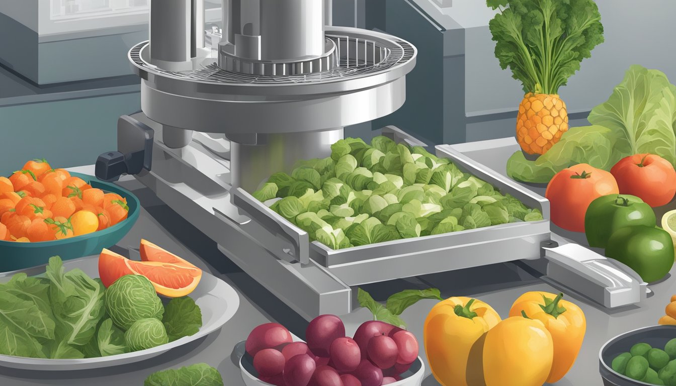 Fresh produce being processed through a food mill, with various fruits and vegetables being prepared for efficient meal prepping