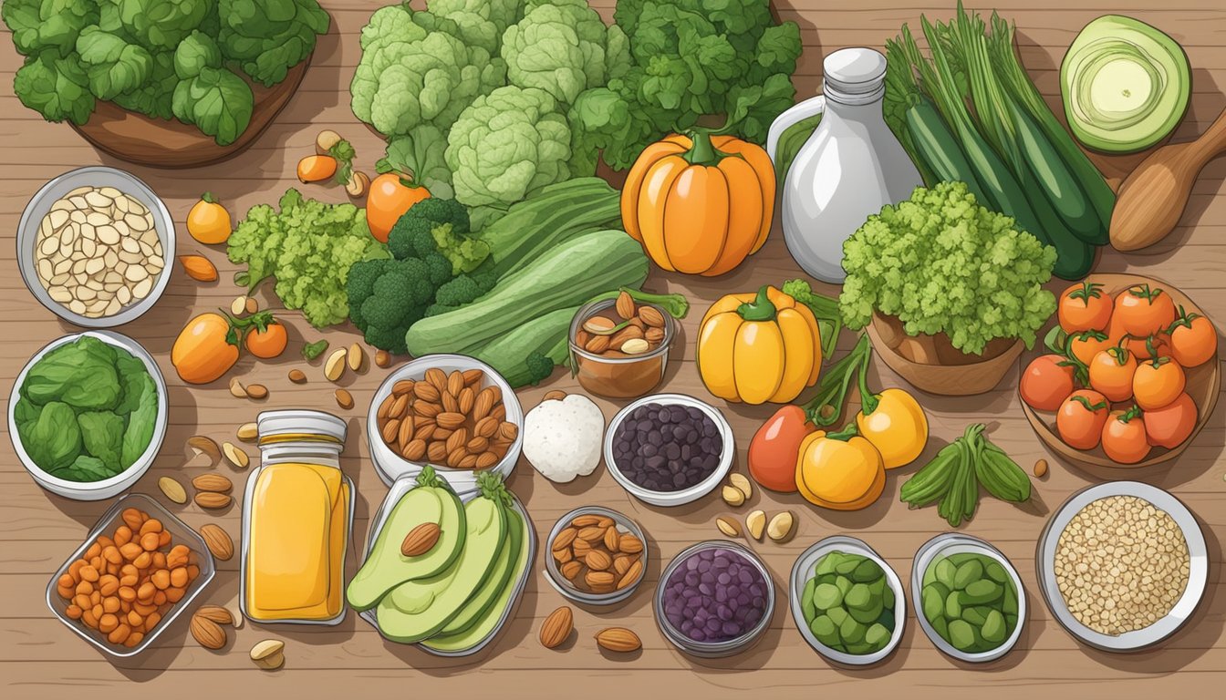 A kitchen counter with a variety of fresh vegetables, nuts, seeds, and healthy snacks laid out for meal prepping