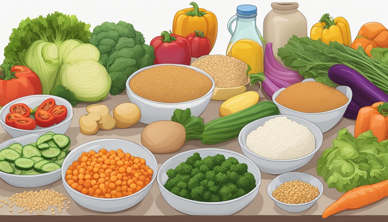 A colorful array of fresh vegetables, lean proteins, and whole grains spread out on a clean kitchen counter, ready to be prepped for a candida diet