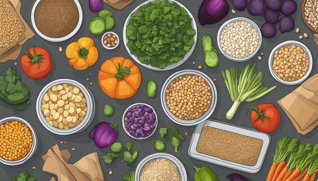 A kitchen counter with a variety of fresh vegetables, lean proteins, and whole grains laid out in organized containers for meal prepping