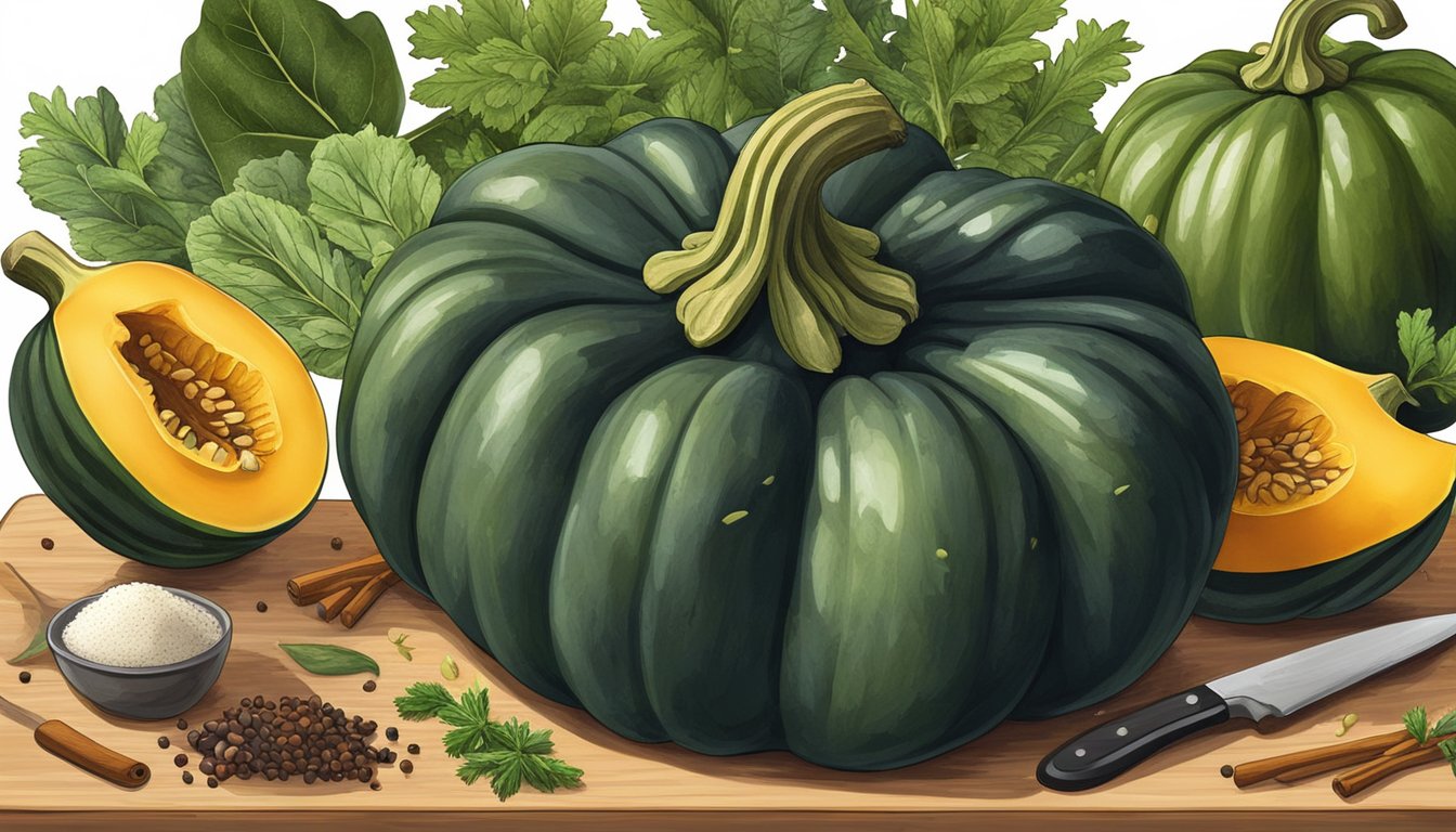 An acorn squash sits on a cutting board, surrounded by a knife, spoon, and various herbs and spices