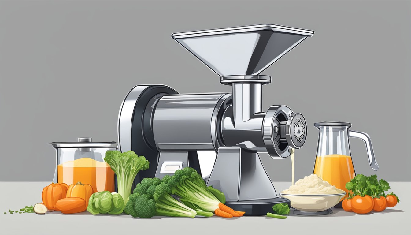 A food mill processing fresh vegetables into smooth puree for long-term meal prepping