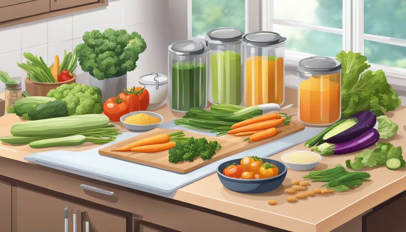 A kitchen counter with a variety of fresh vegetables, lean proteins, and whole grains. A meal prep station with cutting boards, knives, and storage containers