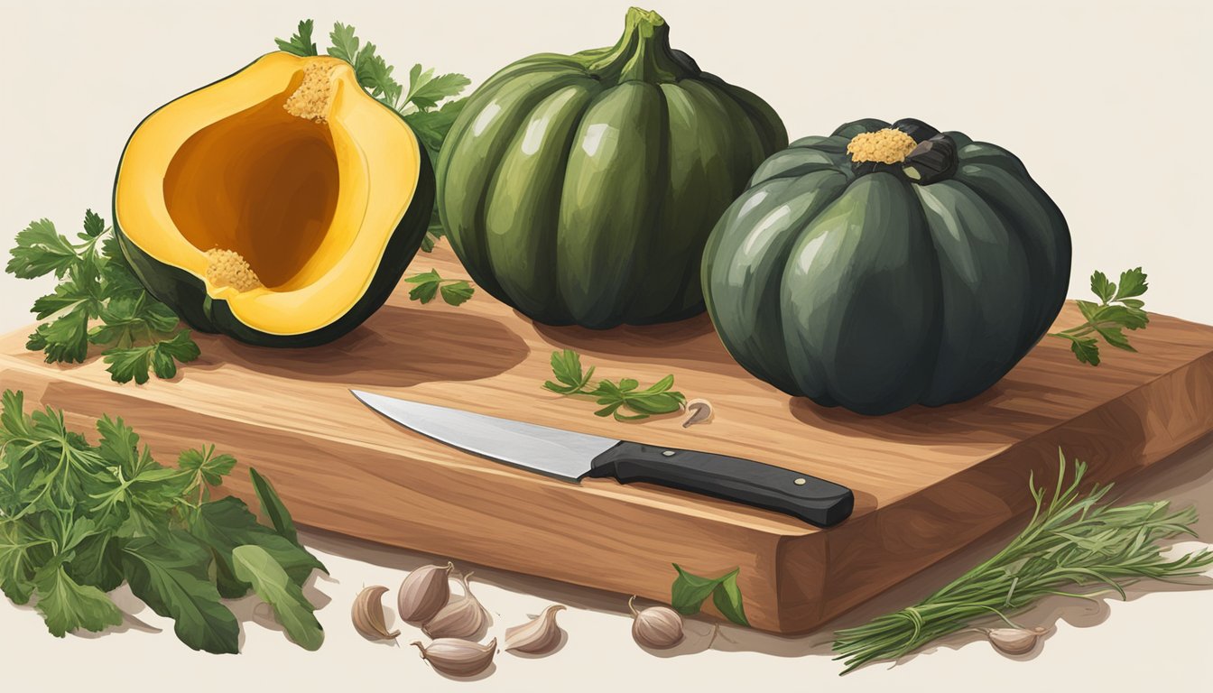 An acorn squash sits on a wooden cutting board surrounded by fresh herbs, garlic, and olive oil. A chef's knife is positioned nearby, ready to be used