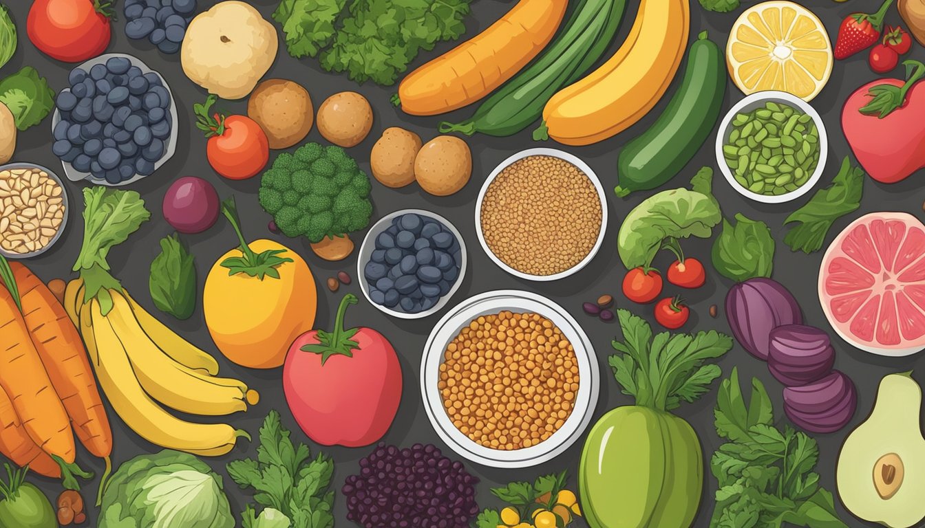 A colorful array of fruits, vegetables, whole grains, and legumes spread out on a kitchen counter, ready for meal prepping