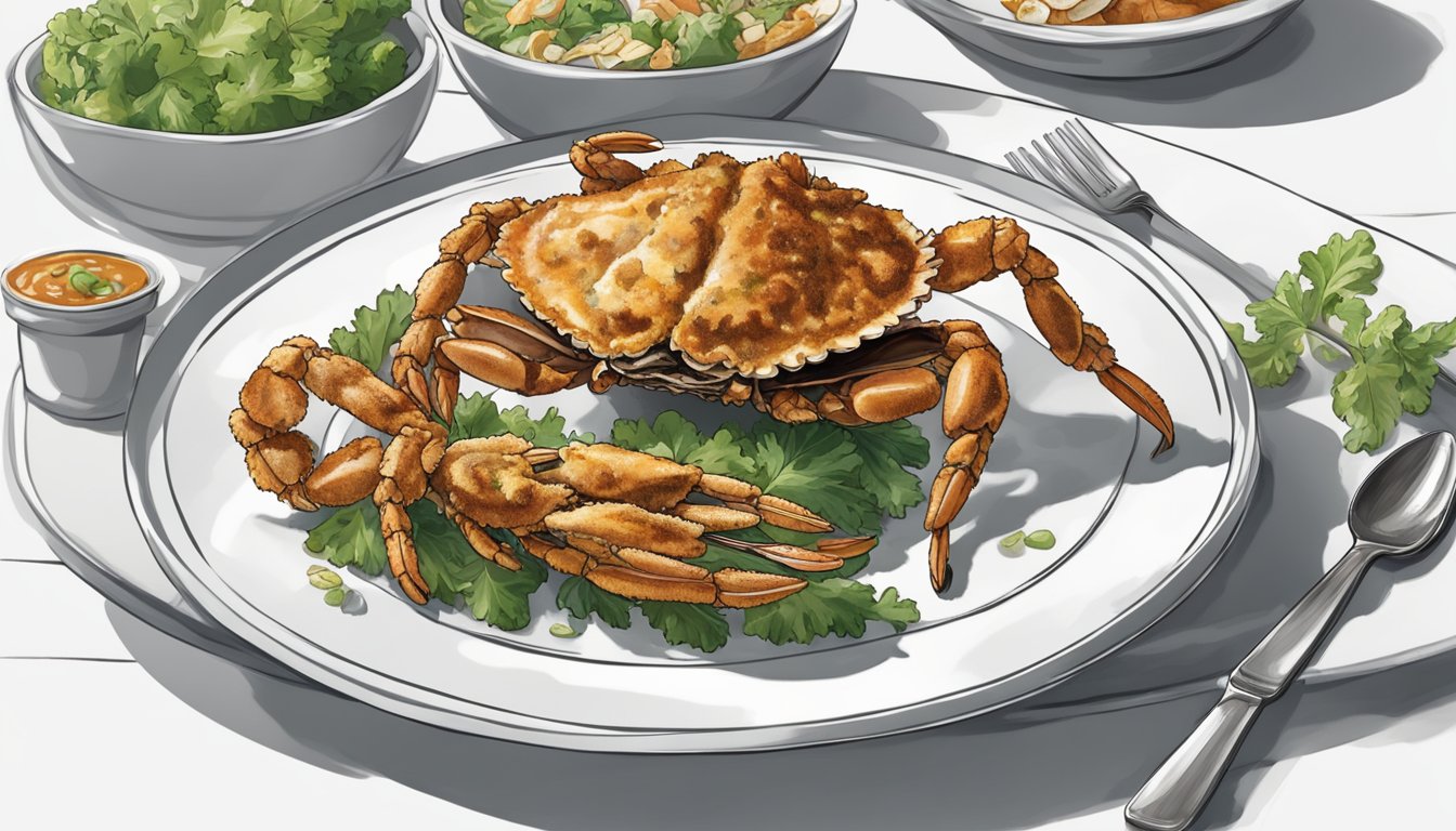 A soft shell crab is being delicately picked apart and paired with a side dish on a clean, white plate