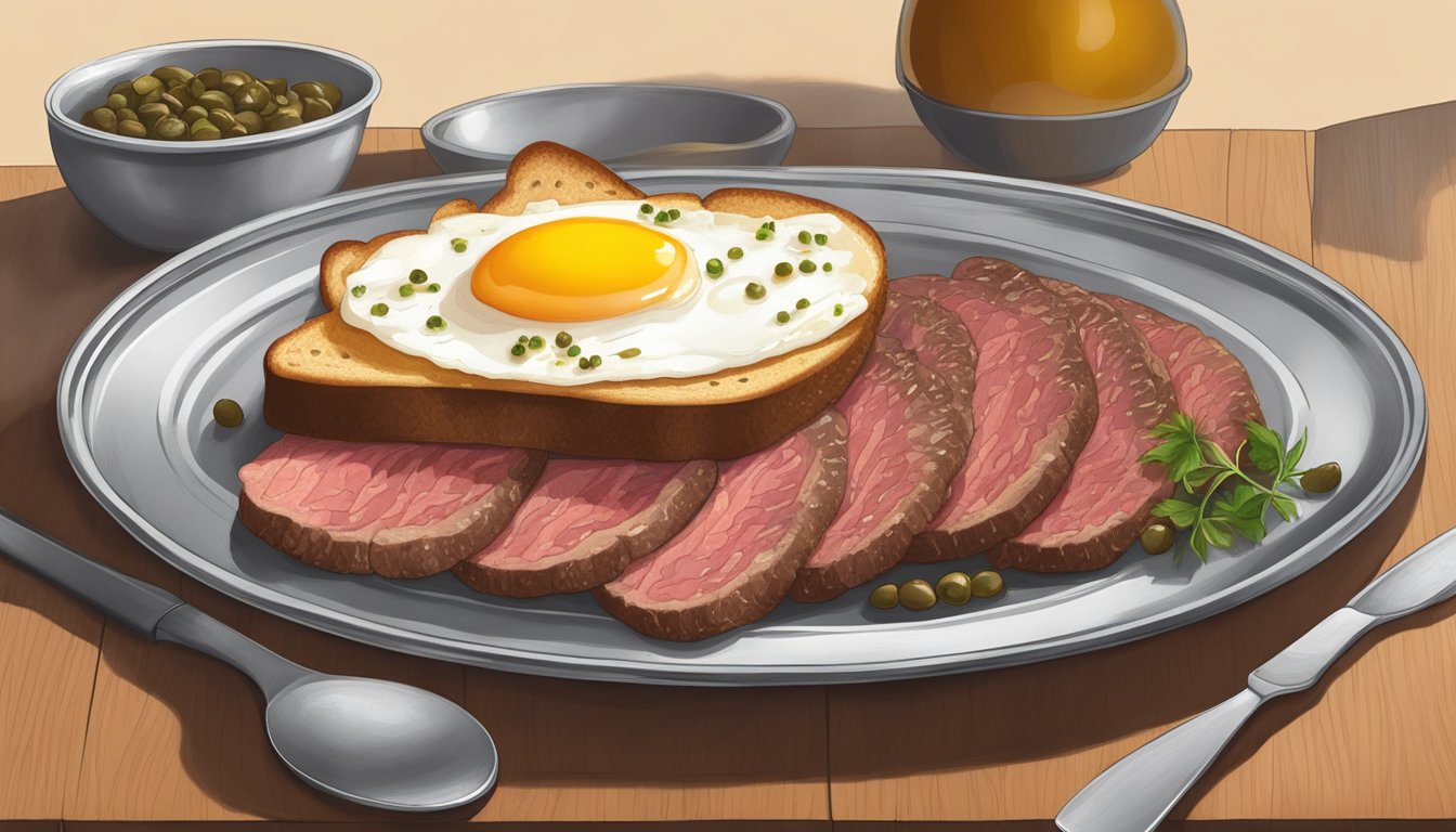 A silver platter holds a mound of raw beef, surrounded by capers, onions, and a raw egg yolk, with a side of toasted bread