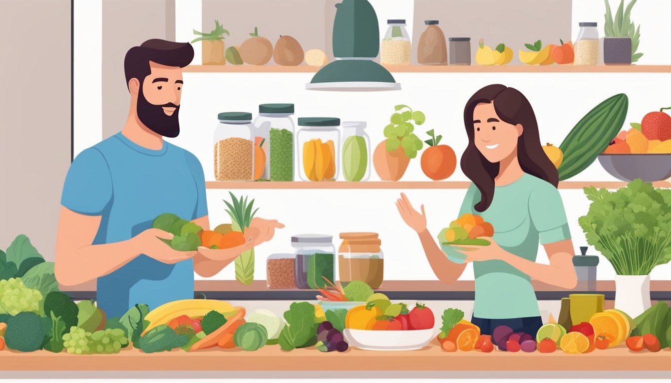 A nutritionist and a client discussing meal prep for a high fiber diet, surrounded by colorful fruits, vegetables, and whole grains