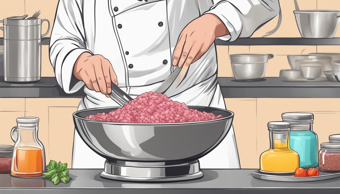 A chef prepares steak tartare, slicing raw meat and mixing it with seasonings and condiments in a stainless steel bowl