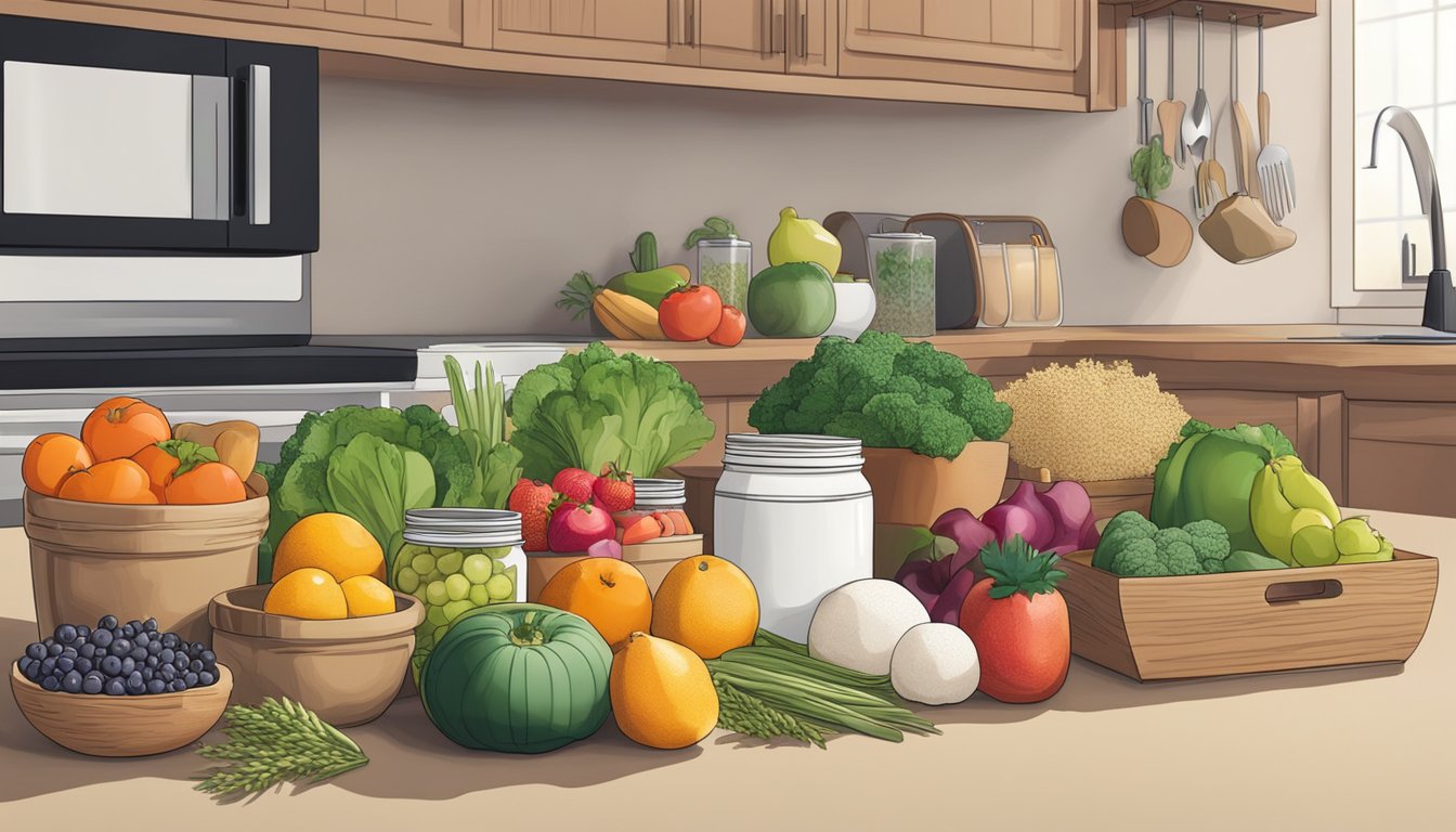 A clean, organized kitchen counter with assorted fresh fruits, vegetables, and grains laid out for meal prepping