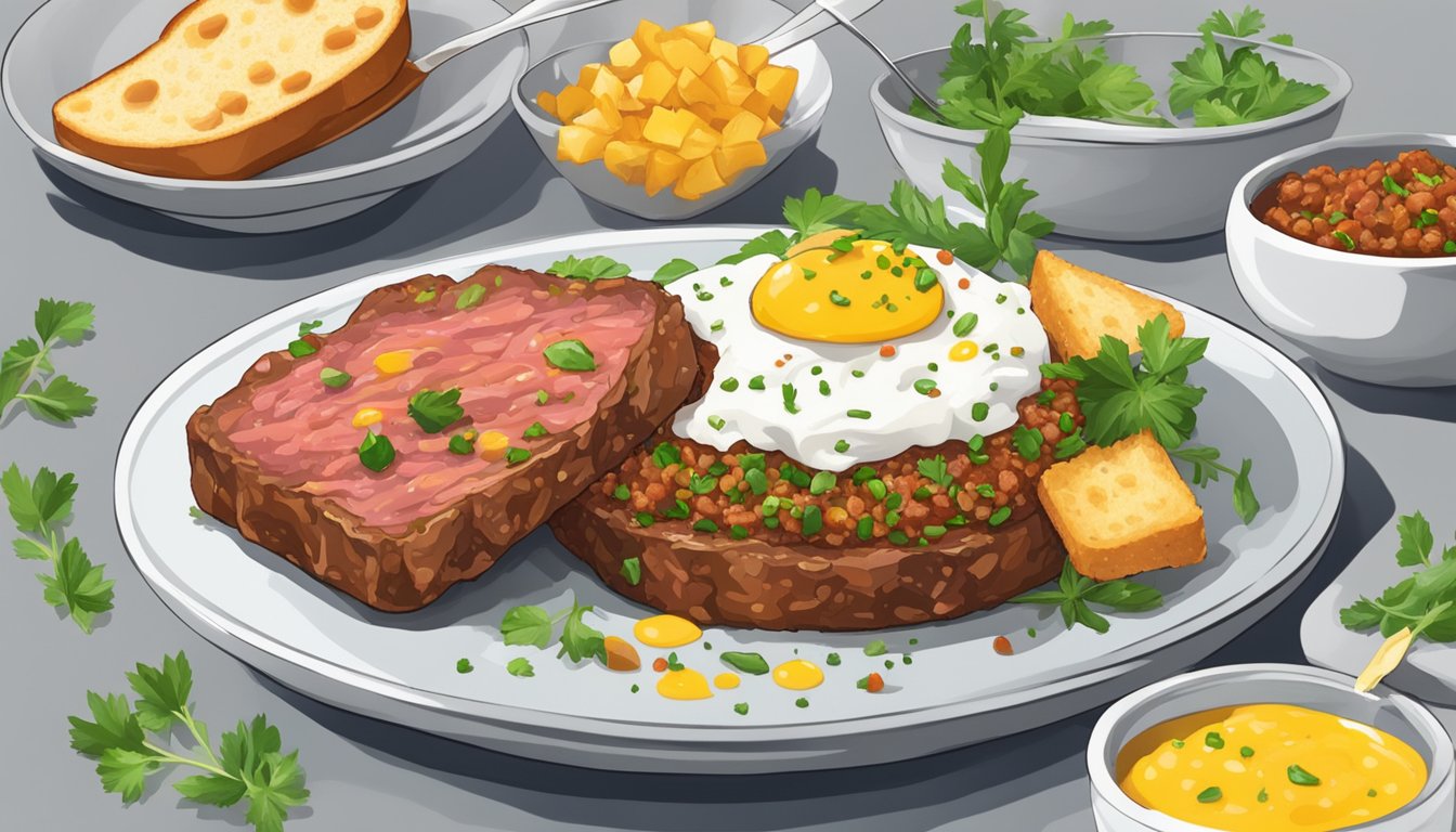 A plate of steak tartare with a side of crispy toast points, a dollop of tangy mustard, and a sprinkle of fresh herbs