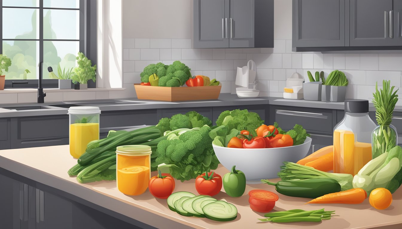 A kitchen counter with various colorful vegetables, cutting board, and meal prep containers