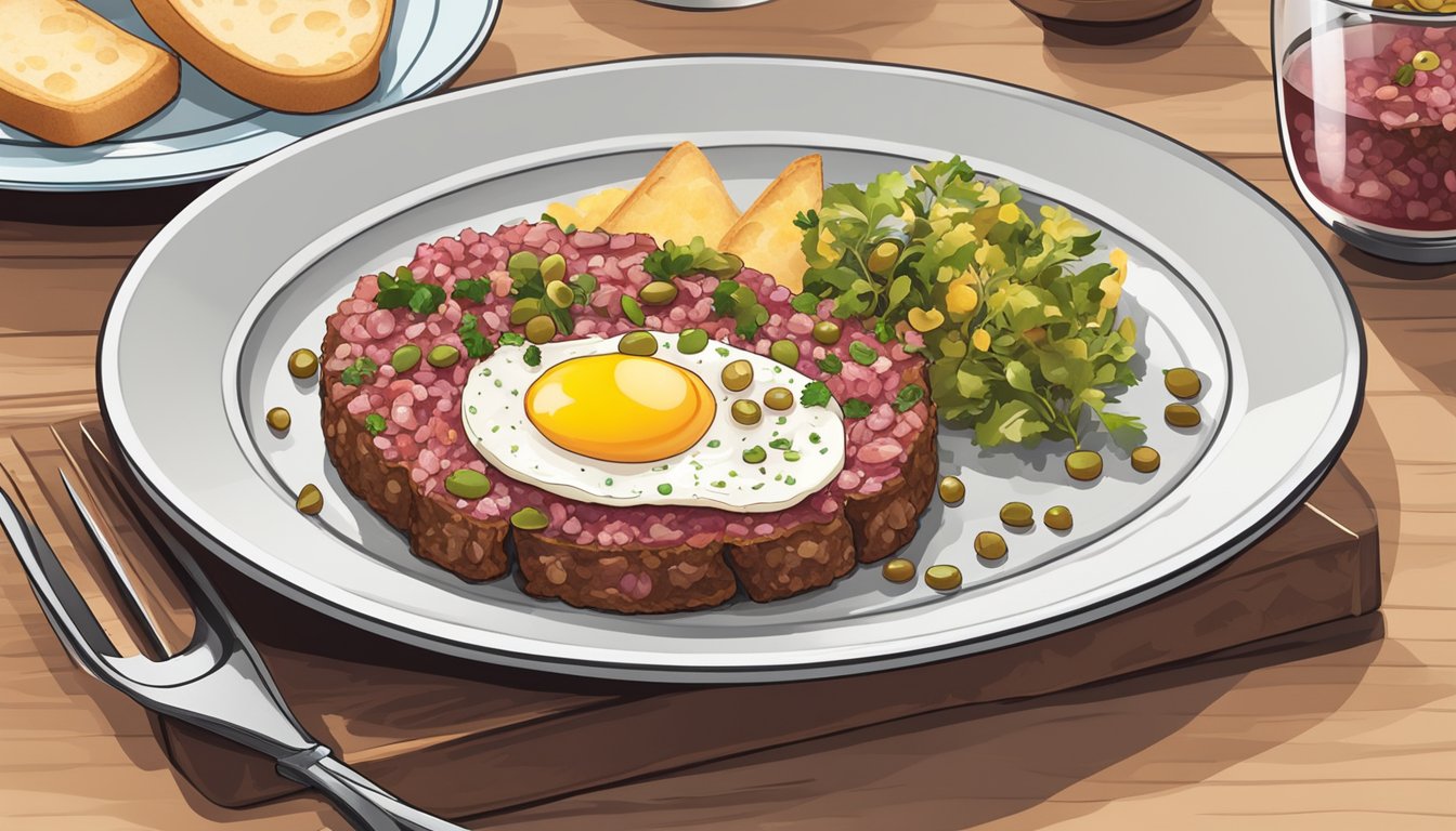 A plate of steak tartare with chopped onions, capers, and a raw egg yolk on top, served with a side of toasted bread slices