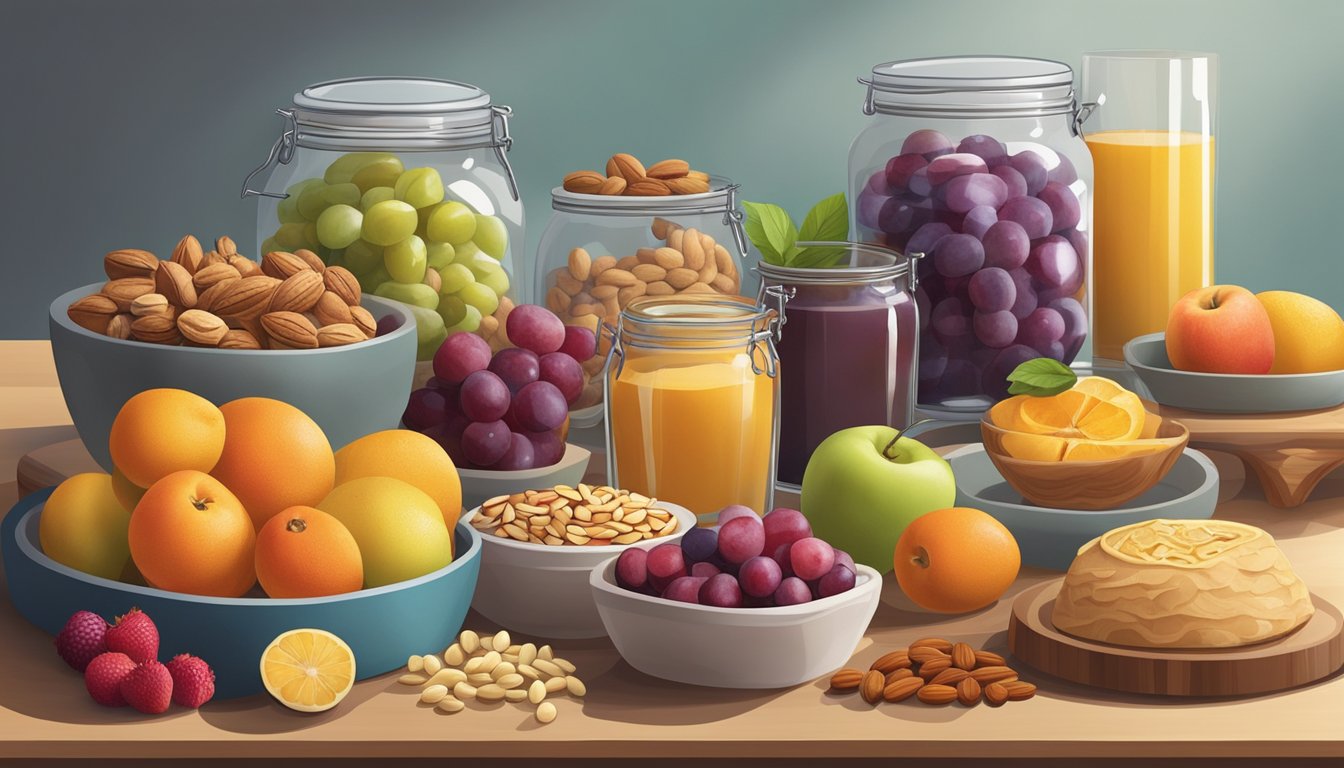 A kitchen counter with a variety of colorful fruits, nuts, and gluten-free baked goods arranged neatly on a cutting board and in glass containers