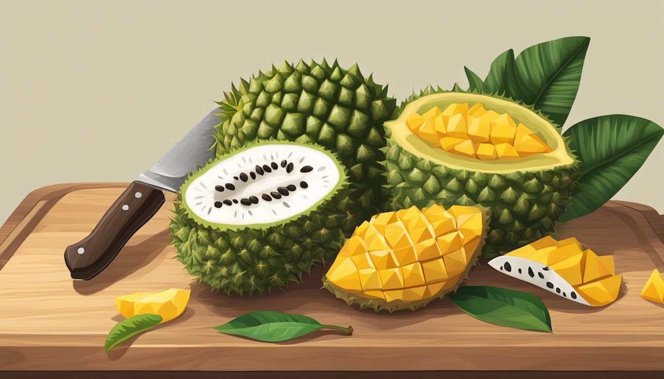 A soursop sits on a wooden cutting board surrounded by vibrant fruits like mango, pineapple, and passionfruit. A knife slices through the soursop, revealing its creamy white flesh and seeds