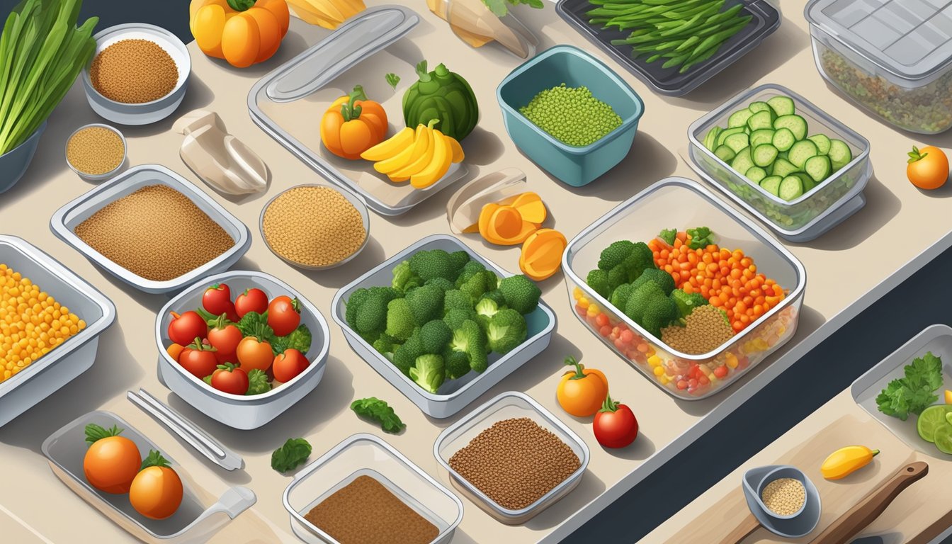 A kitchen counter with various fresh vegetables, fruits, and grains spread out, alongside cooking utensils and meal prep containers