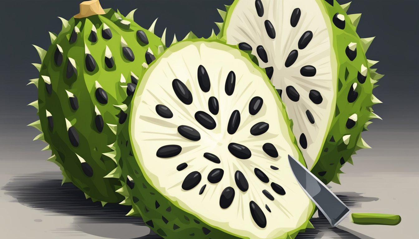 A soursop fruit is being carefully sliced open with a sharp knife, revealing the white, pulpy interior and large black seeds. The juicy fruit is surrounded by green, spiky skin