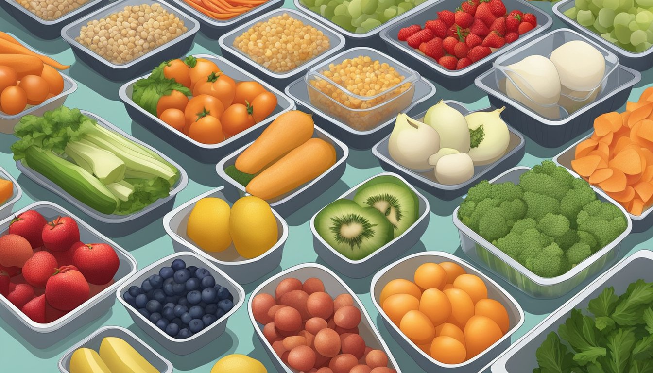 A kitchen counter with various fresh fruits, vegetables, and lean proteins being prepped and portioned into individual containers for a week's worth of low-fat meals