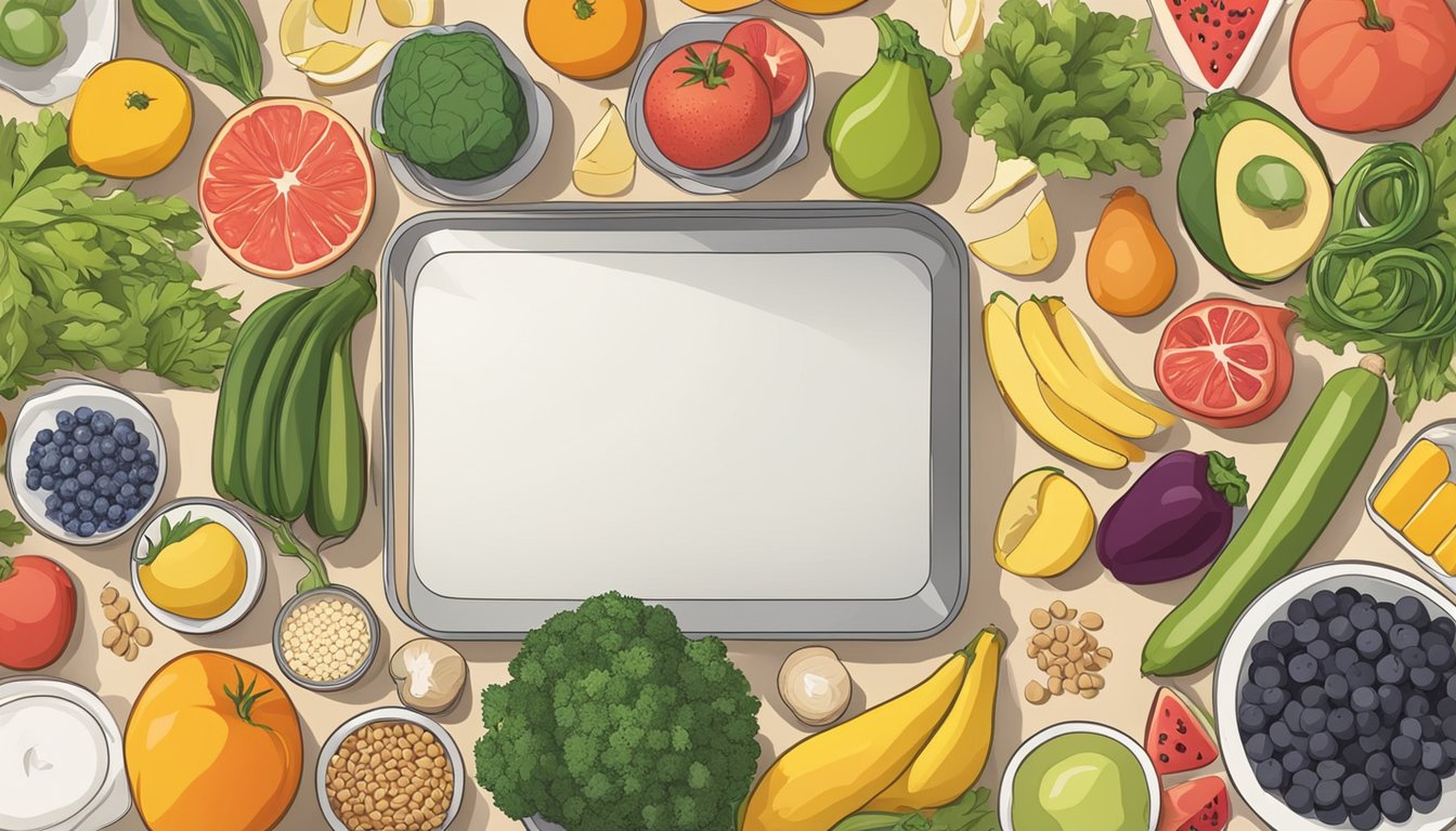 A kitchen counter with a variety of colorful fruits, vegetables, grains, and proteins laid out for meal prep