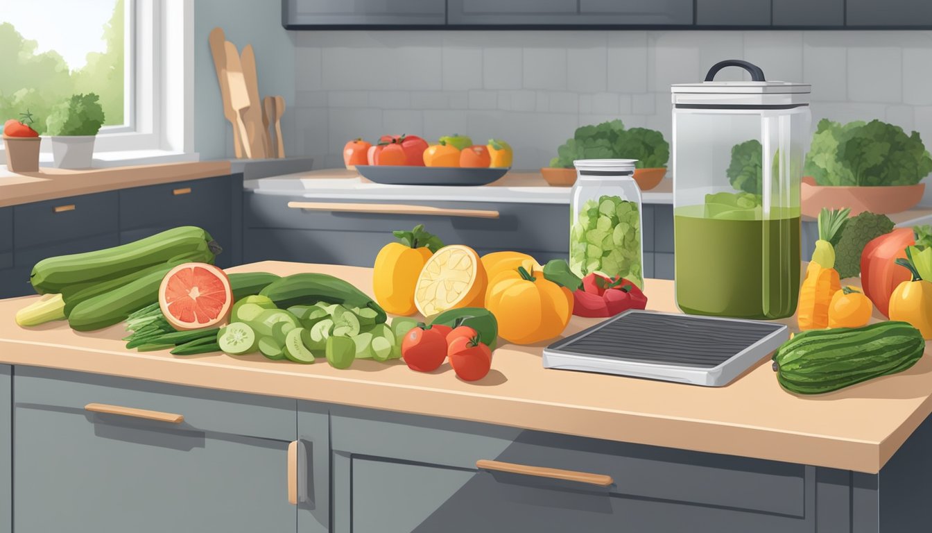 A kitchen counter with a dehydrator, various fruits, and vegetables, cutting board, knife, and containers for meal prepping