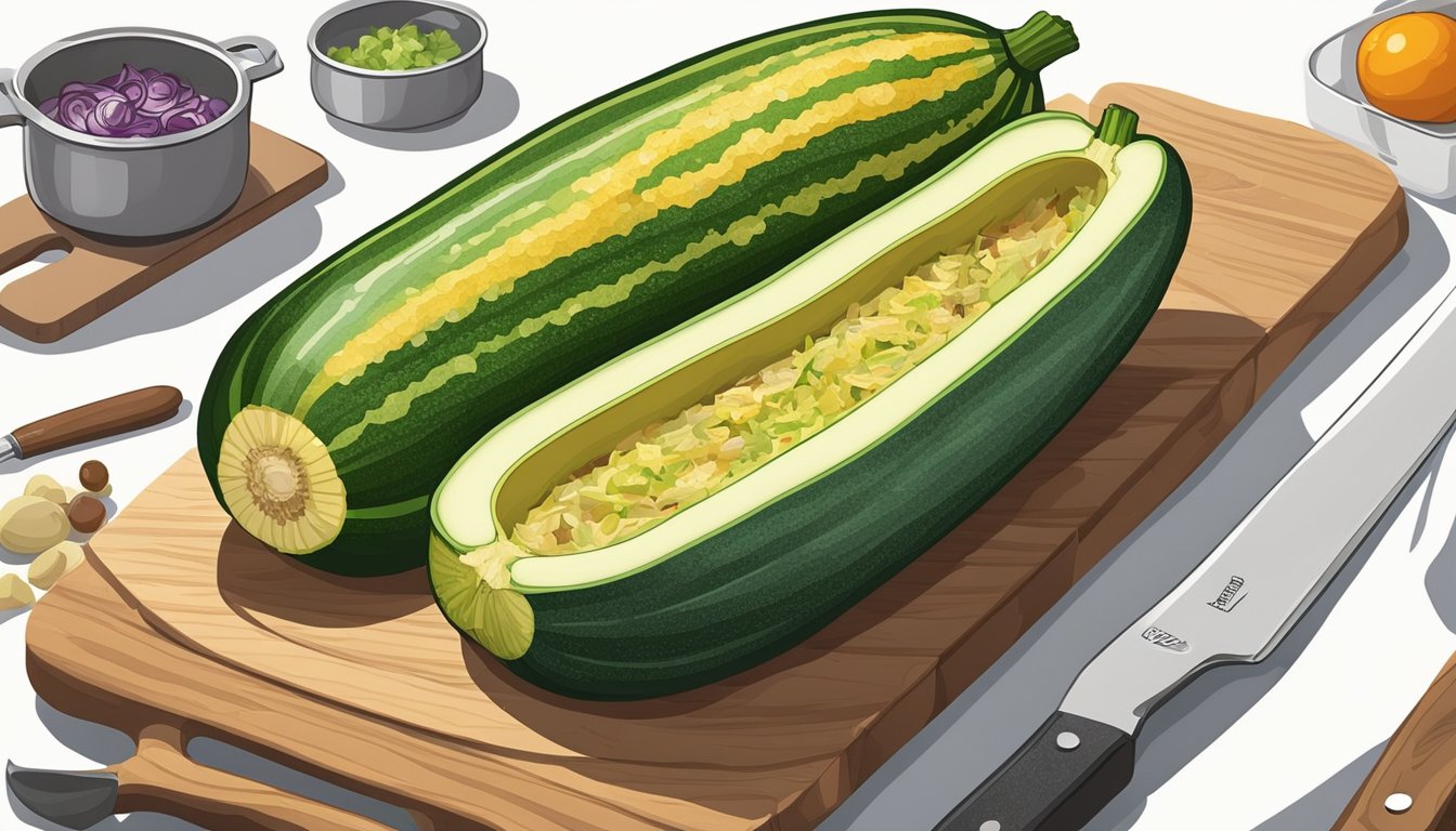 A zucchini boat sits on a cutting board, hollowed out and filled with various ingredients. A knife and cutting board are nearby, ready for preparation