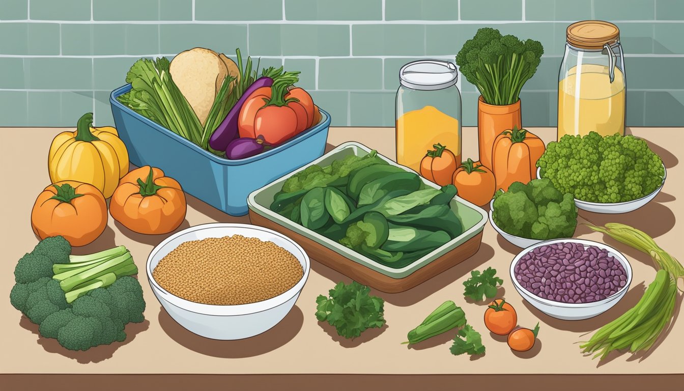 A kitchen counter with various fresh vegetables, lean proteins, and whole grains laid out for meal prep