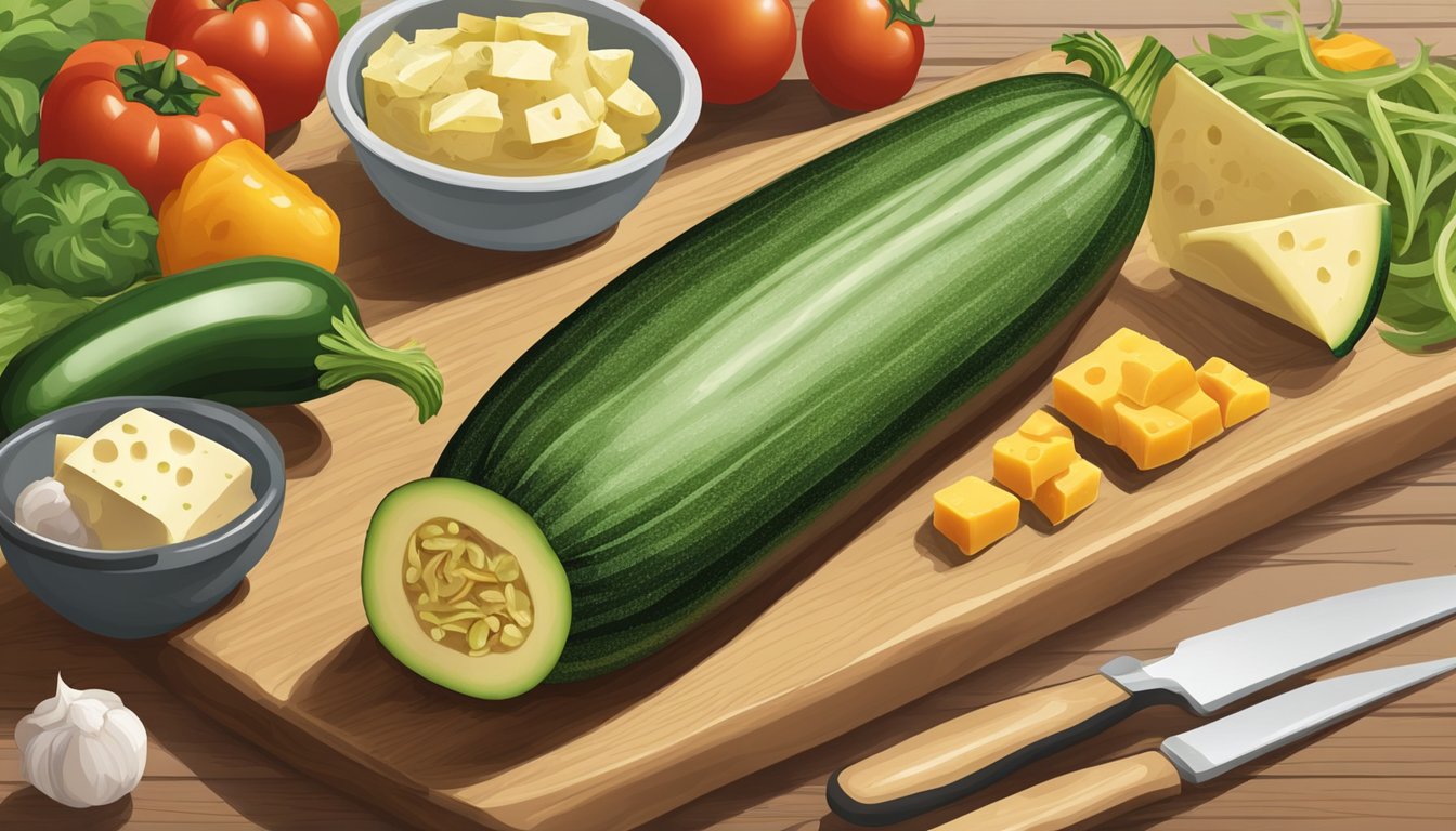 A zucchini boat sits on a cutting board, being filled with a mixture of vegetables and cheese