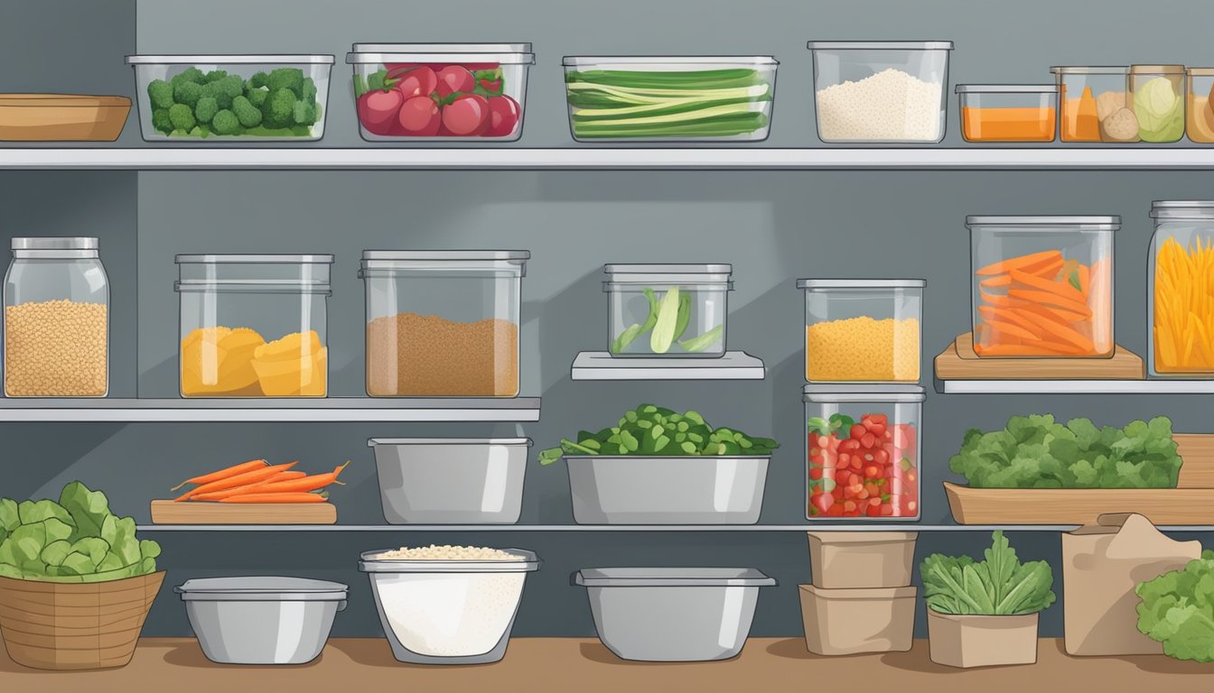 Fresh vegetables being washed, chopped, and portioned into containers. Lean proteins being grilled and divided into individual servings. Pantry shelves stocked with whole grains and low-fat ingredients