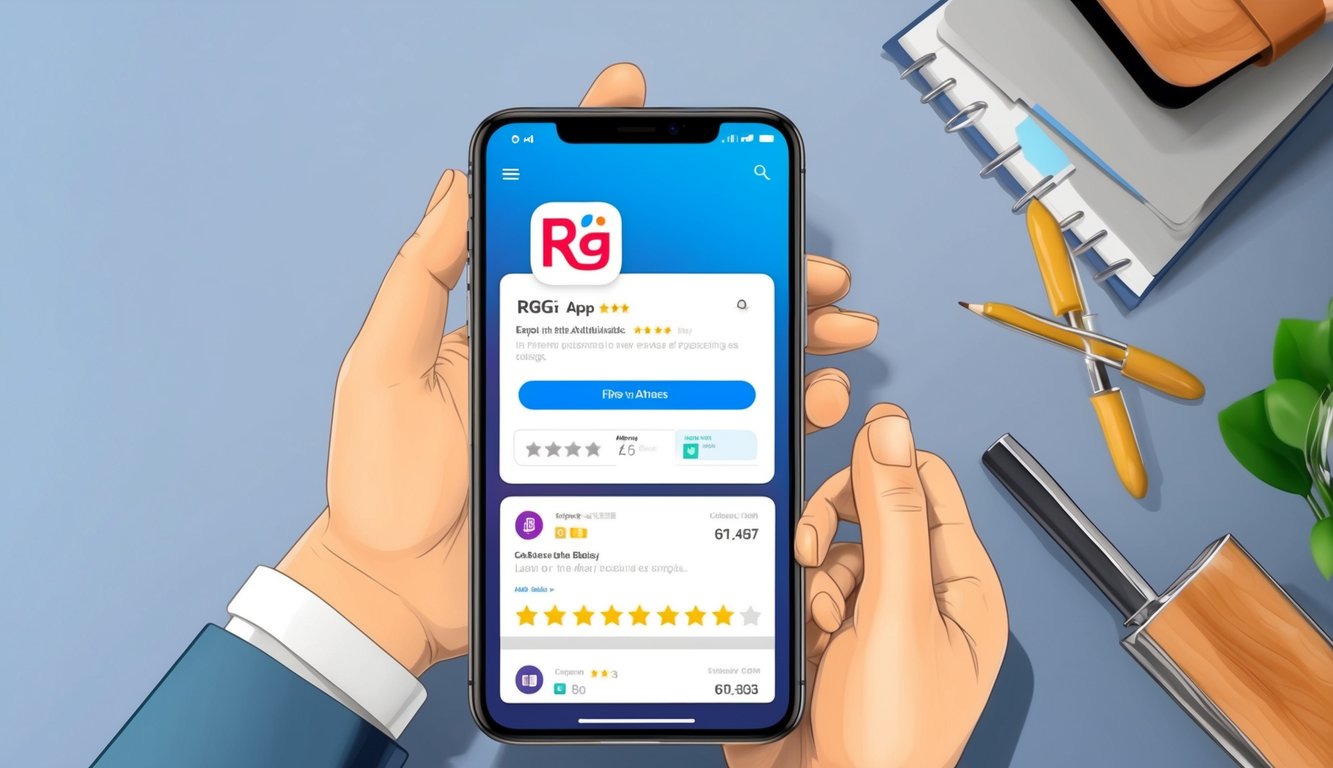 一部顯示RG富遊娛樂城應用程式的智慧型手機，擁有正面的評論和評分