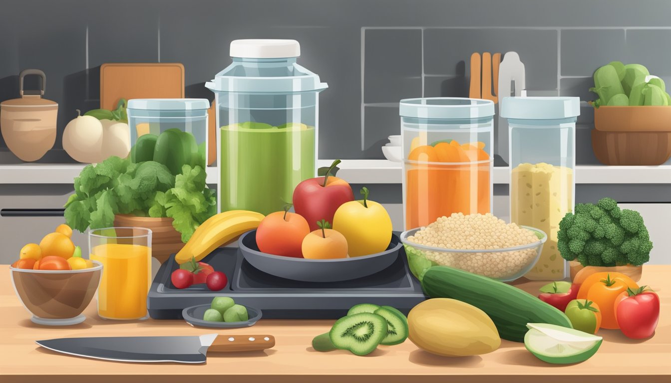 A kitchen counter with neatly arranged containers of fruits, vegetables, and lean proteins for meal prep. A measuring scale and cutting board are also visible