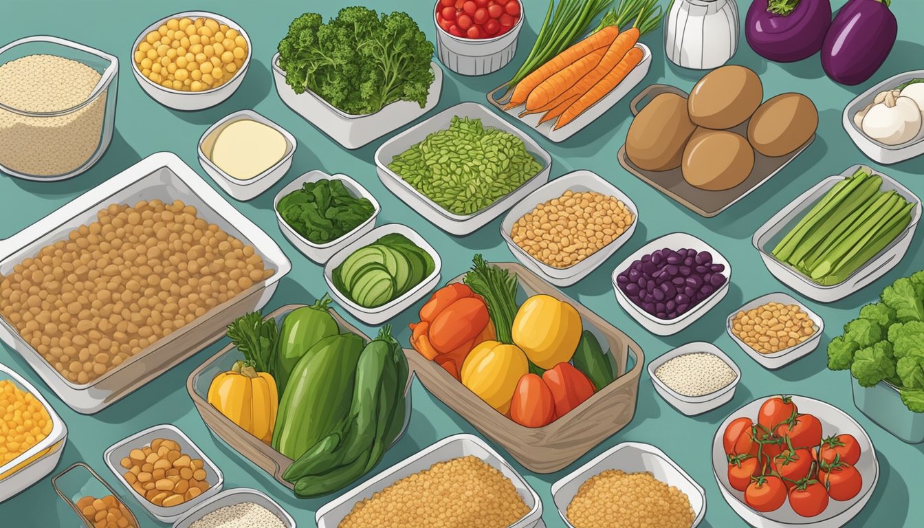 A kitchen counter with assorted fresh vegetables, lean proteins, and whole grains laid out for meal prepping