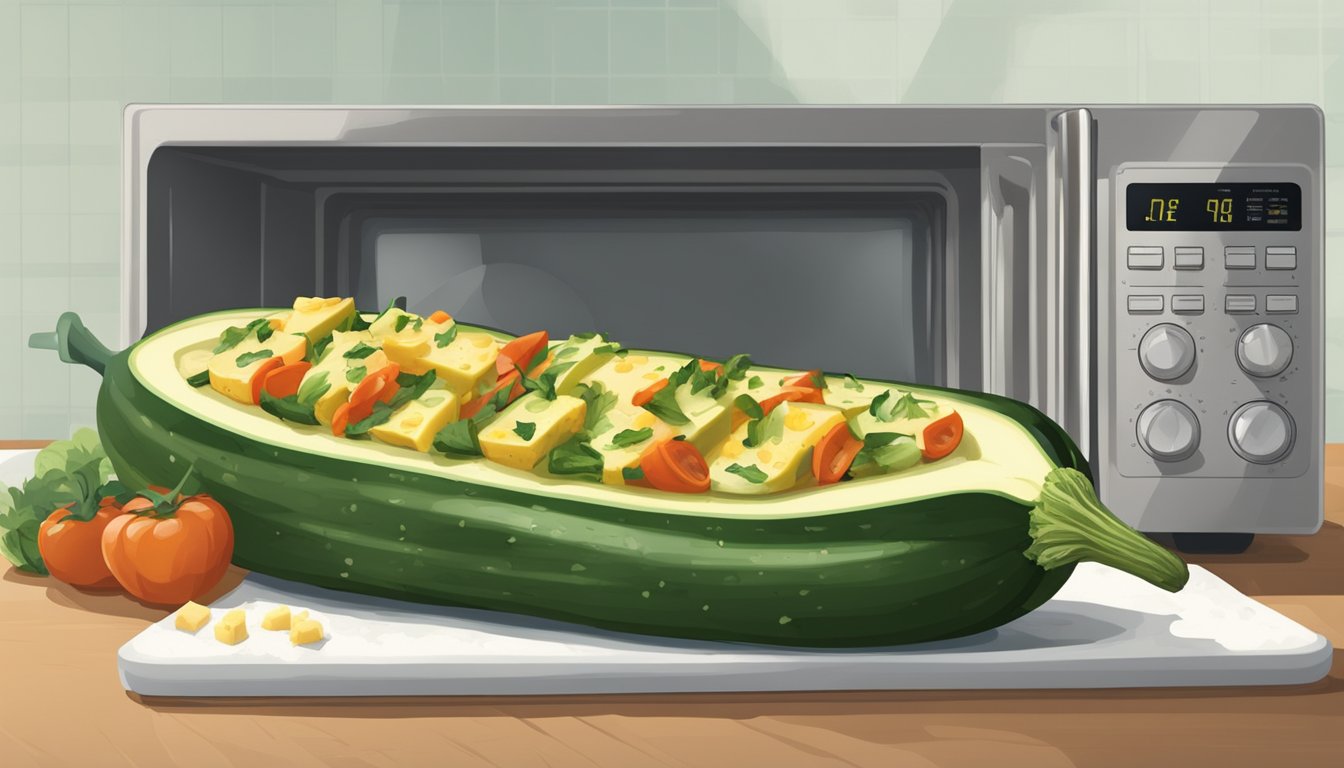 A zucchini boat sits on a baking sheet, filled with seasoned vegetables and cheese. A microwave and refrigerator are nearby, along with a plate and fork