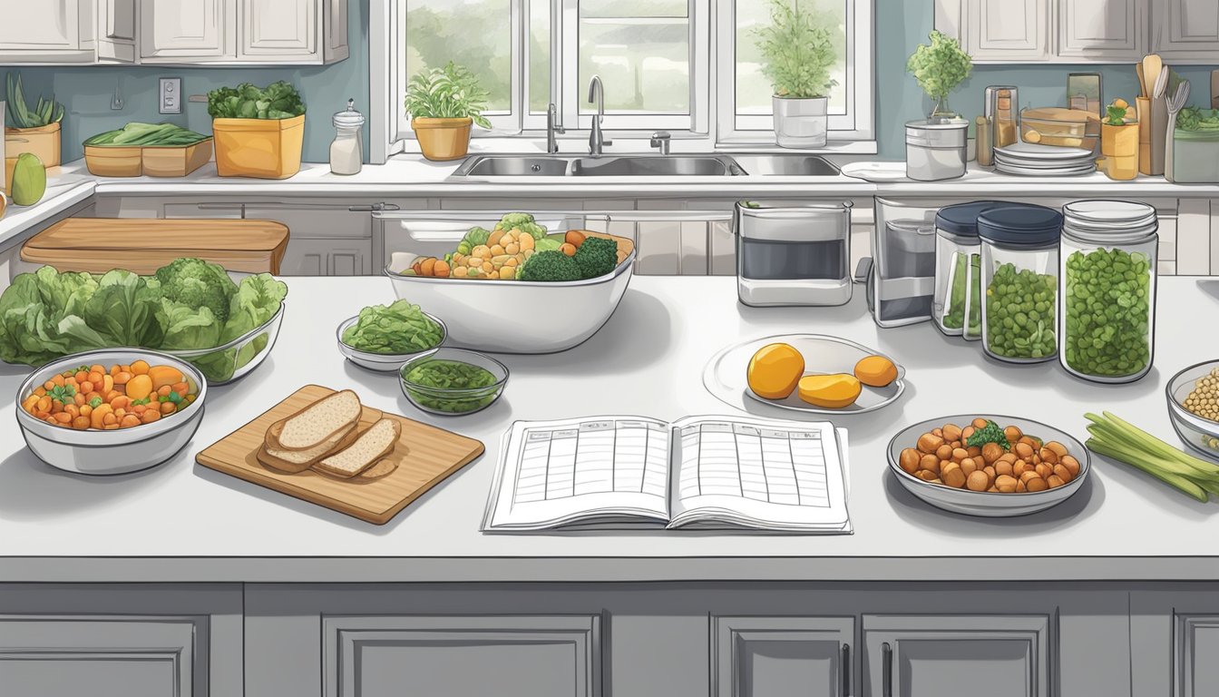 A kitchen counter with neatly organized containers of prepped food, a calendar with meal plans, and a shopping list