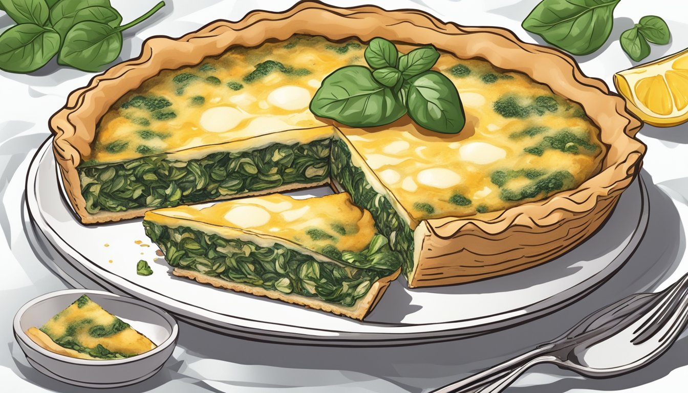 A fork slicing into a golden-brown spinach quiche, steam rising from the creamy filling as it's being served onto a plate