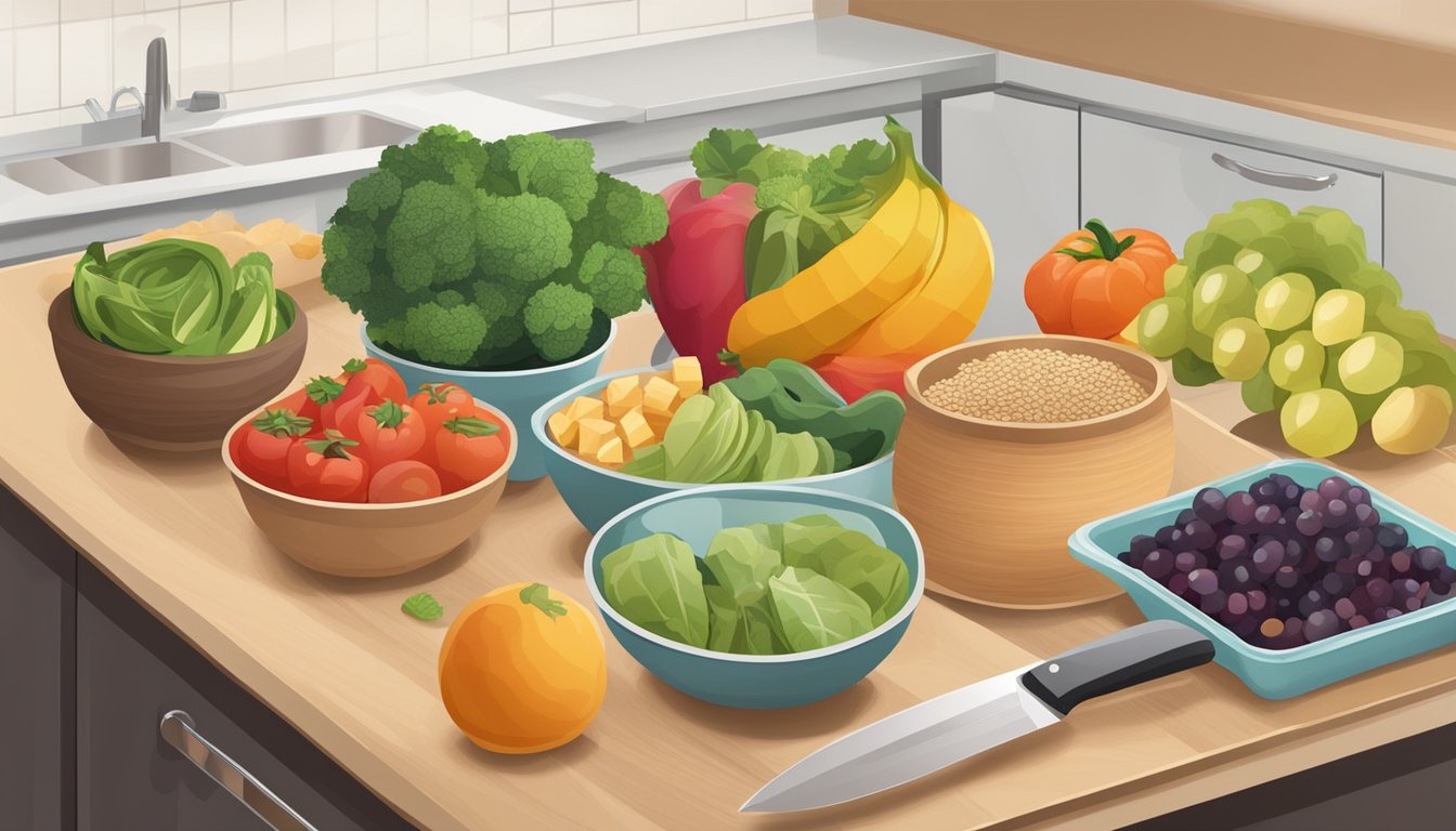 A kitchen counter with assorted fruits, vegetables, and whole grains. Containers of prepped snacks and a cutting board with a knife