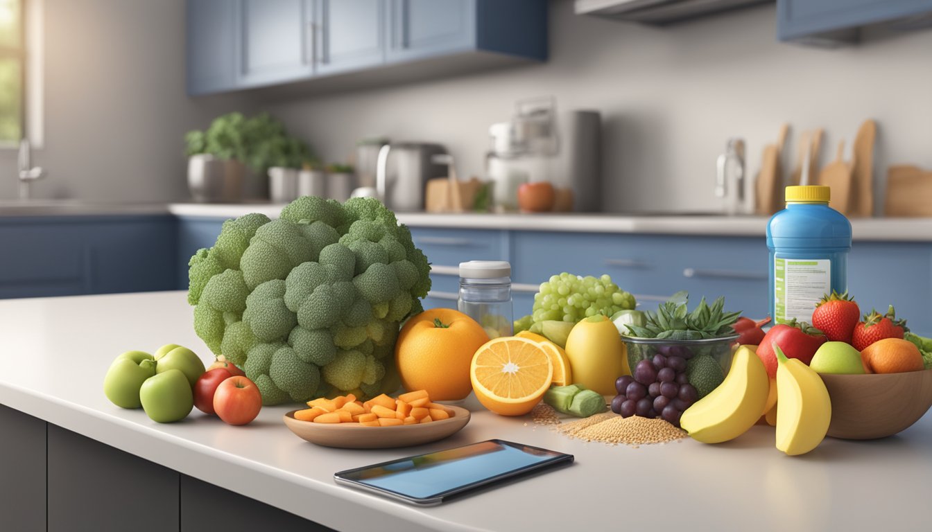 A kitchen counter with assorted fruits, vegetables, lean protein, and whole grains. A water bottle and exercise equipment in the background