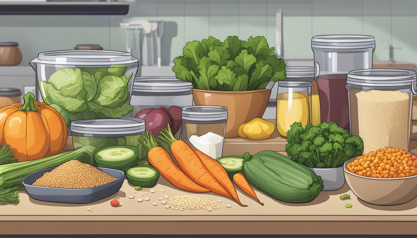 A kitchen counter with various fresh vegetables, lean proteins, and whole grains laid out for meal prepping. A set of measuring cups and containers are arranged neatly nearby