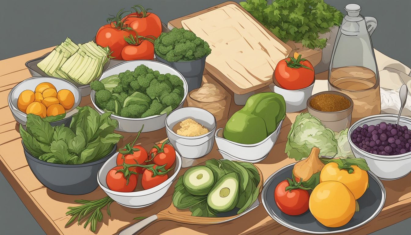 A table with various fresh ingredients, cutting board, and cooking utensils arranged for easy meal prepping