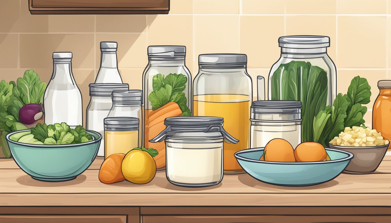 A kitchen counter with various dairy-free ingredients, cutting board, knife, and containers for meal prepping