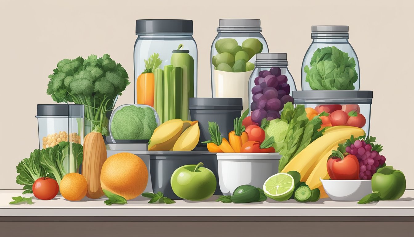 A kitchen counter with various fresh fruits, vegetables, and lean proteins neatly organized in containers for meal prepping